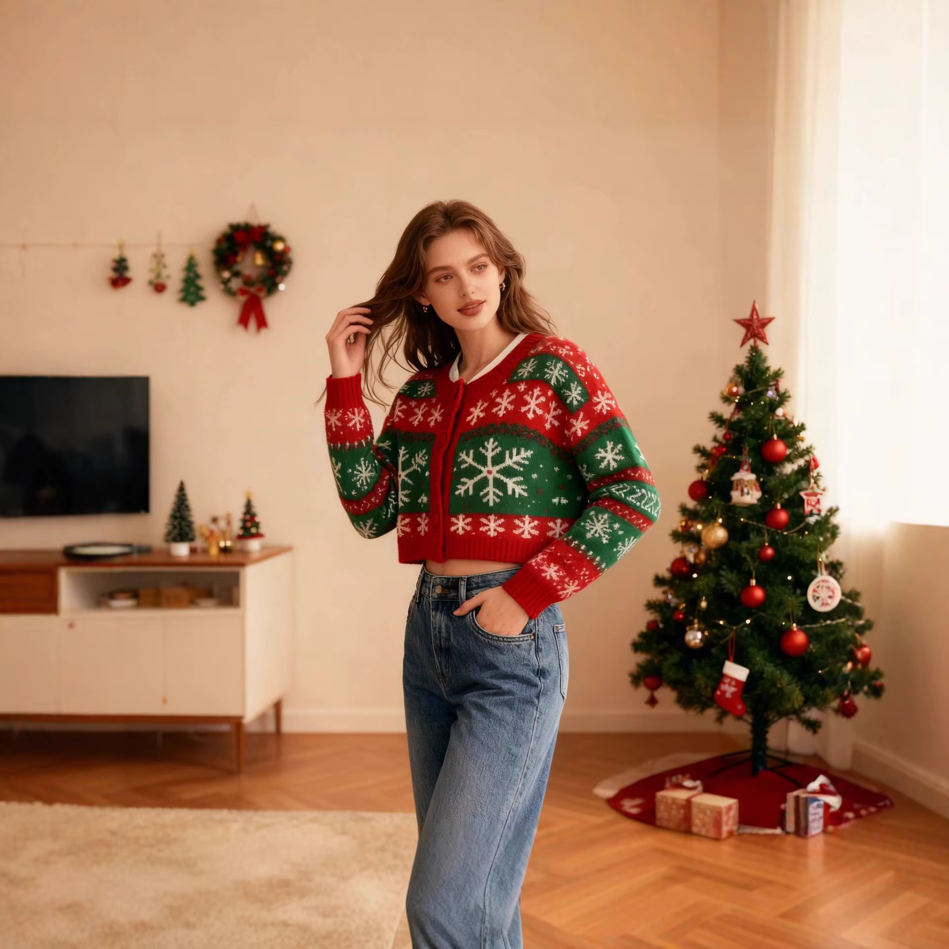 Pull de Noël NADANBAO en Polyester, Flocons de Neige Imprimés, Décontracté, Col Rond, Pour Femmes Occasions Spéciales