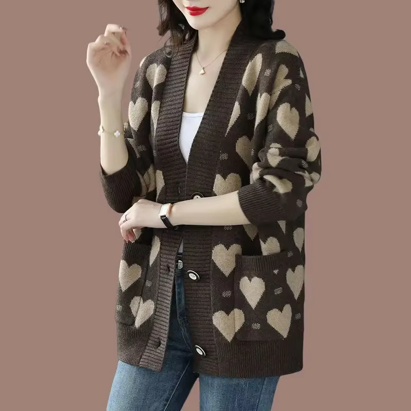 Cardigan femme hiver 2025 vintage patchwork col en V coupe ample polyester acétate automne noir bleu ciel vert armée occassions spéciales
