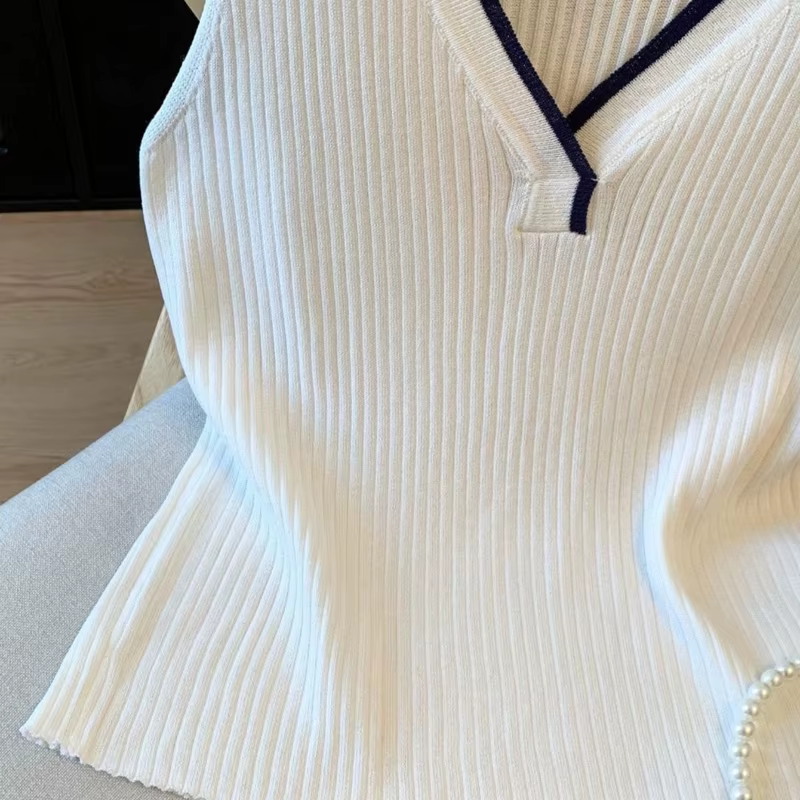 Gilet pull sans manches en maille côtelée extensible pour femme, col marin rayé bleu marine, col en V, décontracté, pour superposition