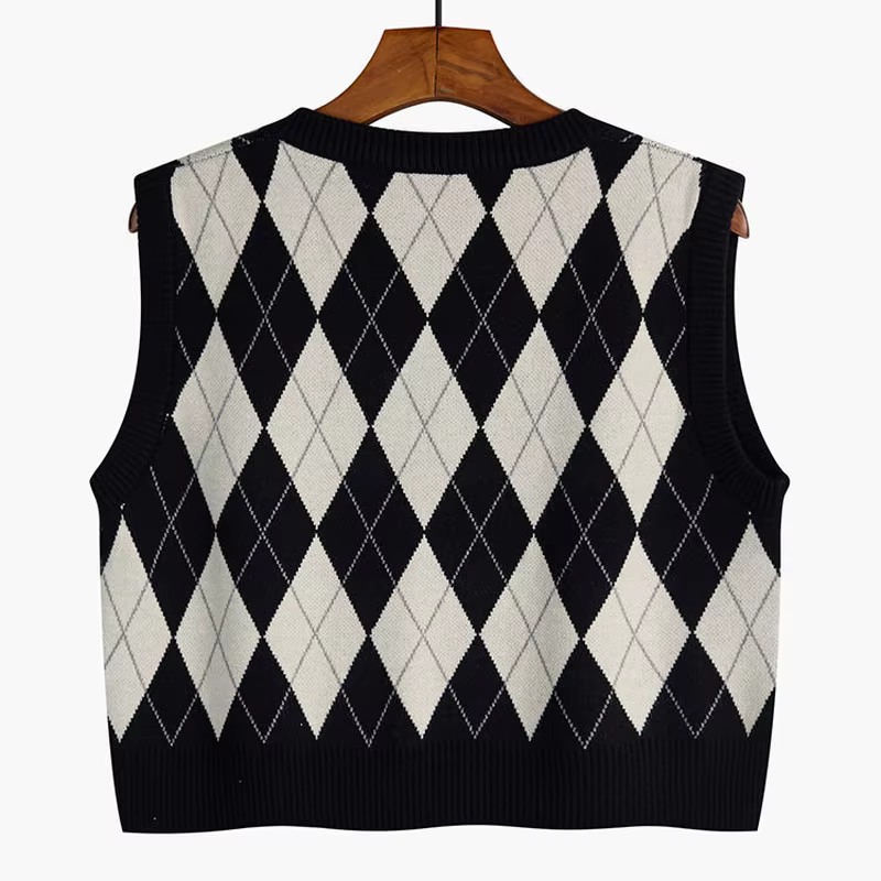 Argyle-Pull rétro à col en V pour femmes