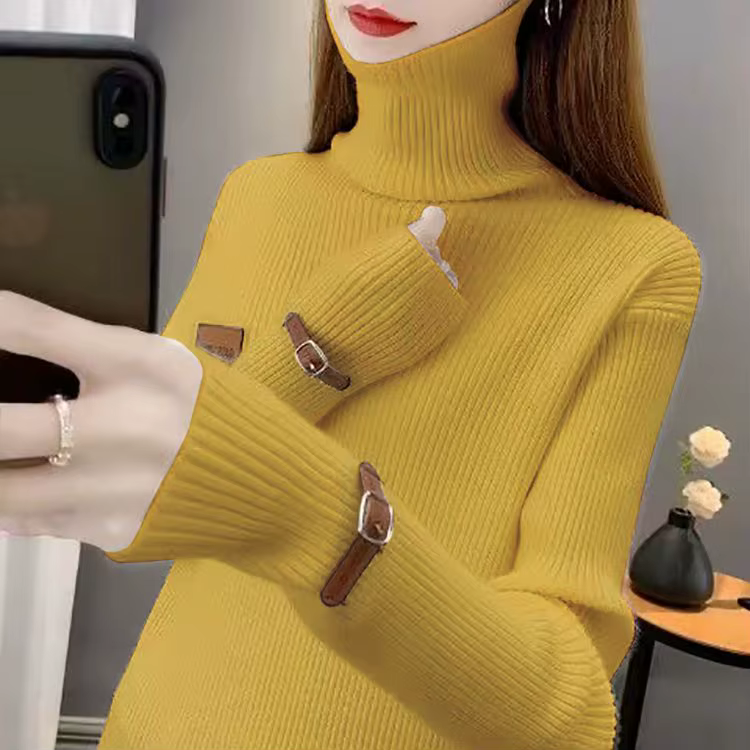 Pull tricoté col roulé uni tendance pour femme – Nouveauté automne – Haut décontracté ample style coréen