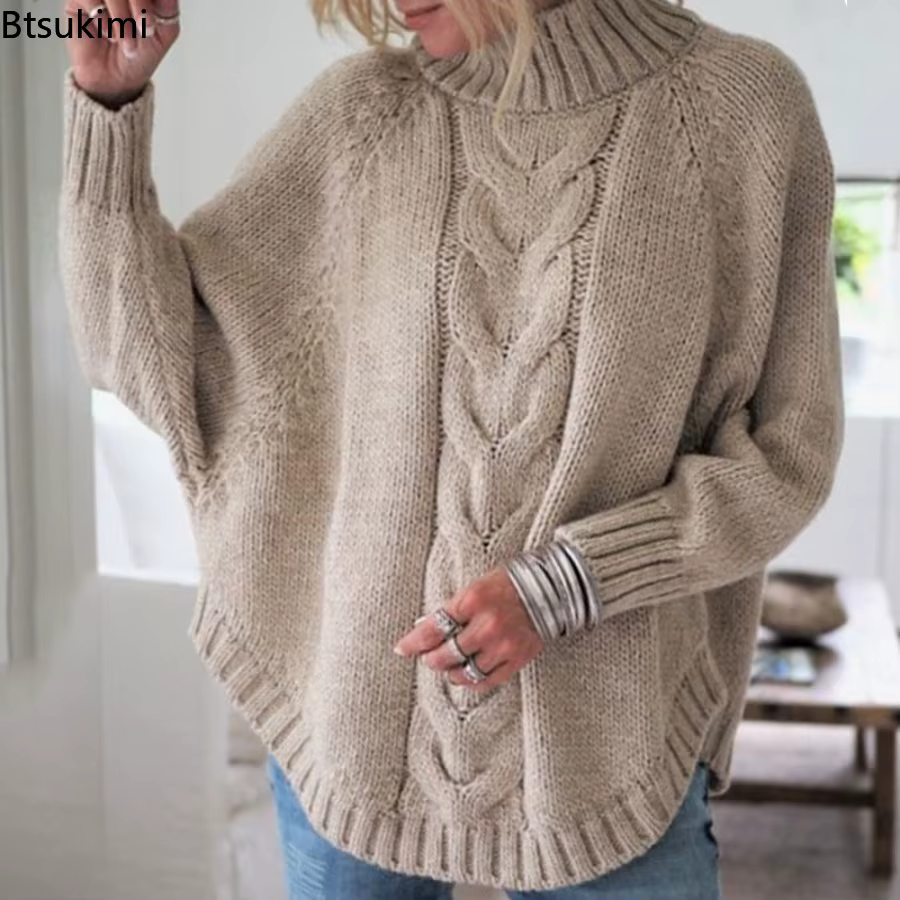 Pull-over col roulé décontracté pour femme 2026 – Basiques tricotés amples à manches chauve-souris pour l'automne et