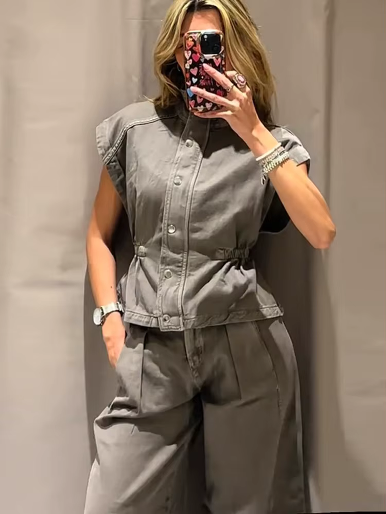 Ensembles de pantalons pour femmes en denim, avec gilet sans manches à col roulé et pantalon large taille haute, tenues chics pour femme, nouveauté pour les soirées