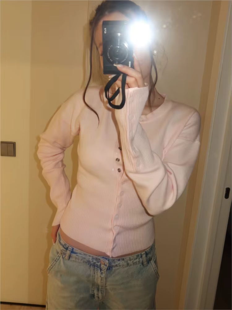Cardigan tricoté à manches longues en coton torsadé rose pour femmes
