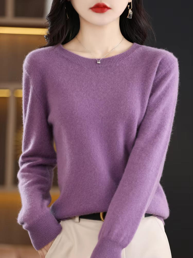 Femmes 100% laine mérinos pull col rond manches longues cachemire tricots