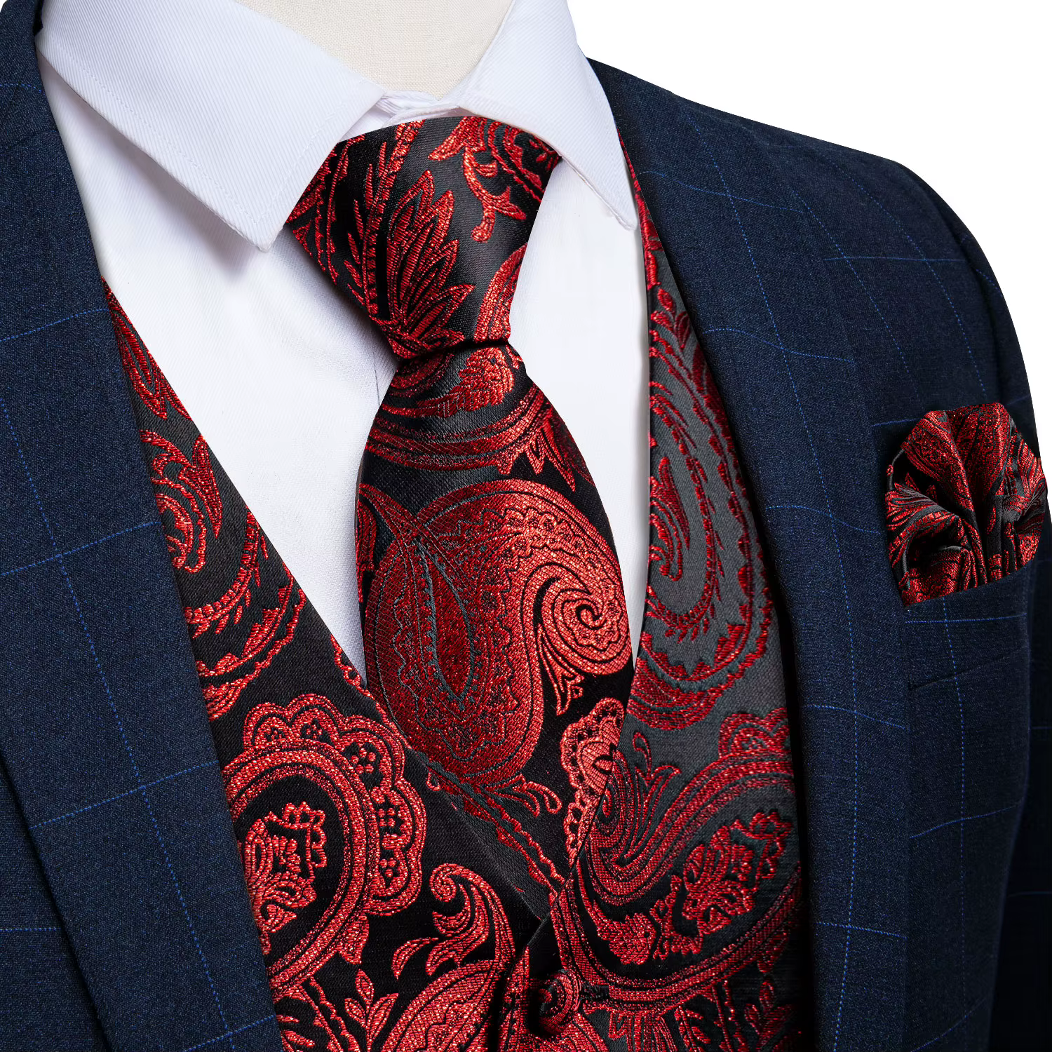 DiBanGu – costume Paisley en soie rouge pour hommes, gilet de luxe pour fête de mariage, cravate, boutons de manchette, smoking, Blazer masculin