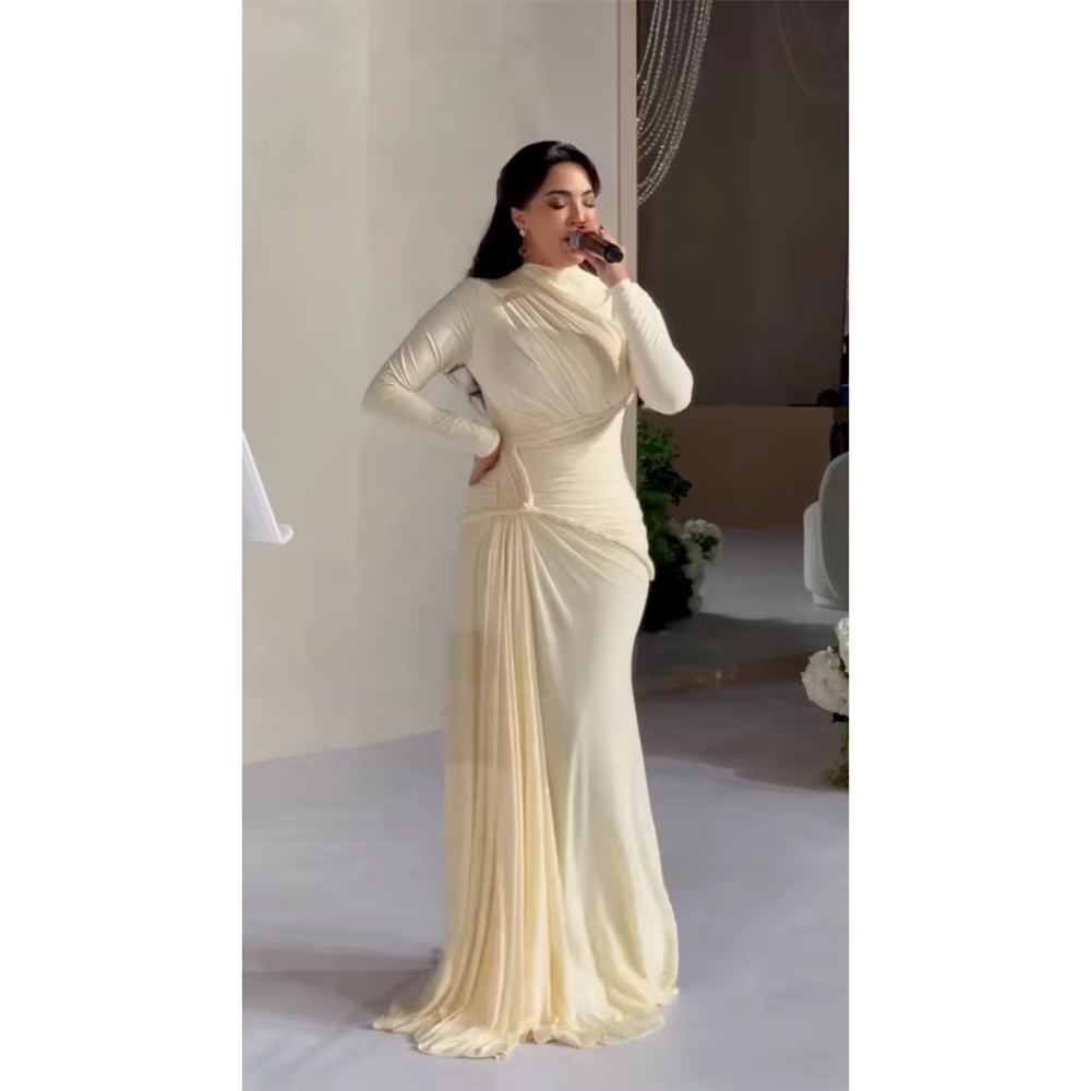 Robe de soirée à col haut, manches longues personnalisées, plissée, longueur au sol, robe de bal sirène, robes de soirée formelles, style saoudien