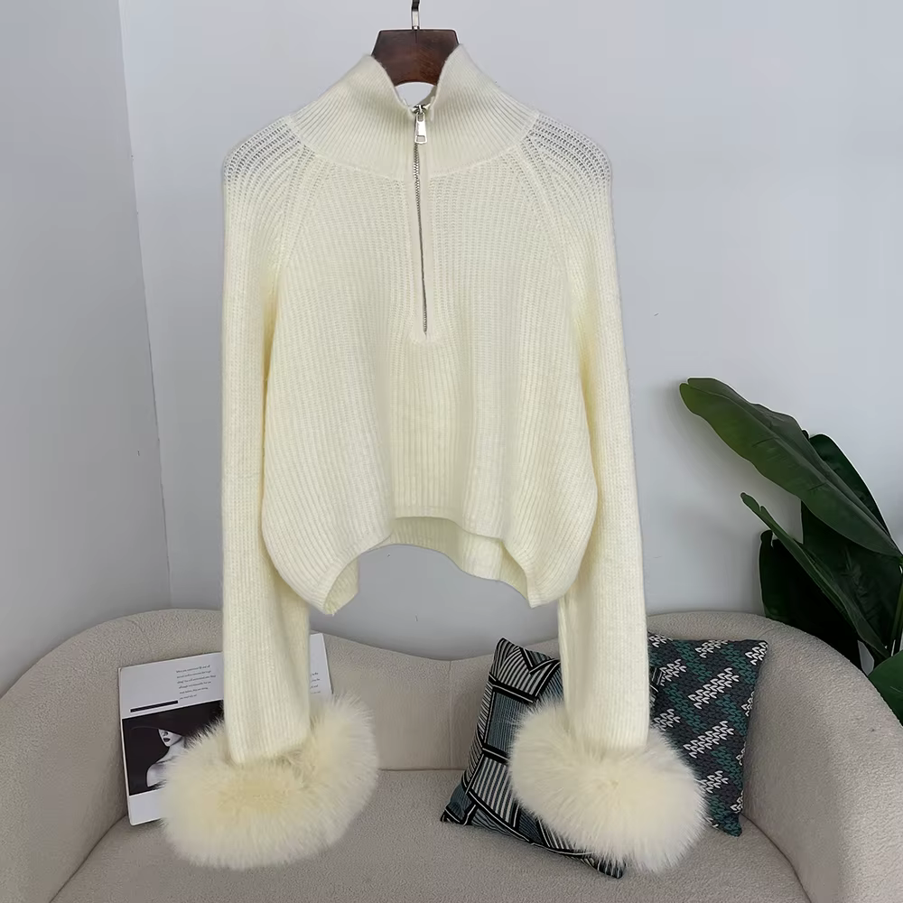 DEBAIFUR 2025 nouveau hiver doux pull fourrure de renard manchette dame mode Cardigan comprend laine femmes col haut