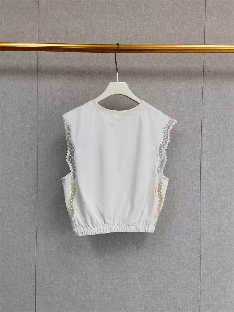 T-shirt sans manches en maille à bordure dentelle pour femme, col rond cintré, collection été 2026