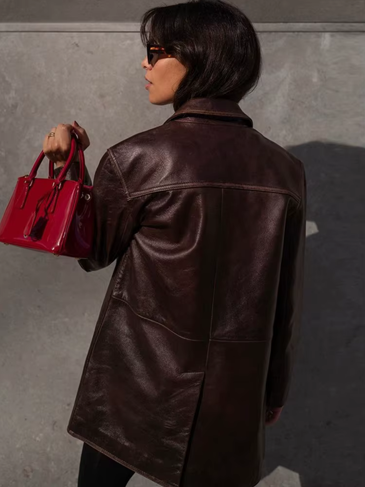 Veste en cuir PU marron vintage pour femme
