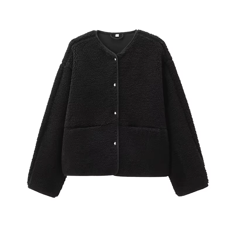 Peluche Teddy veste femme élégant col rond simple boutonnage poches épaissir manches longues manteaux