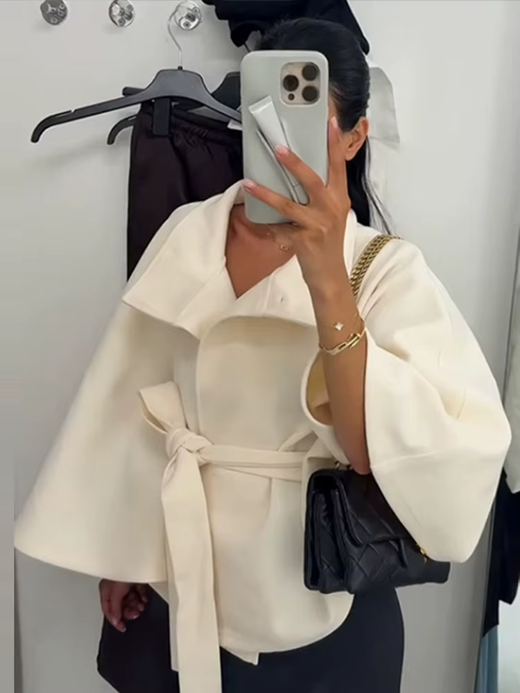 Manteau femme Cape courte manteaux pour femmes ceinture fausse laine et mélanges