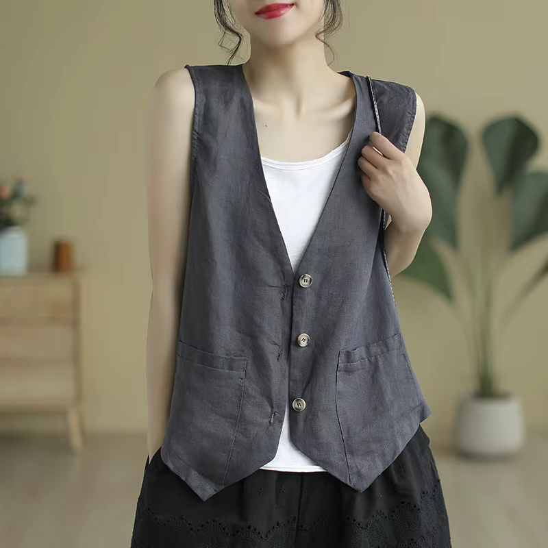 Gilet en lin et coton pour femmes, sans manches, style Boho, col en v, court, décontracté, sur chemise, léger, couleur unie, vêtements d'extérieur, été