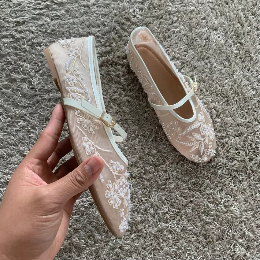 Maille broderie chaîne perle conception femmes ballerines mode boucle respirant Mary Jane chaussure confort talon bas doux plat sandale