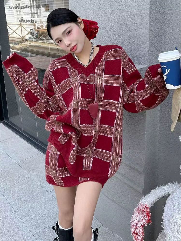 Ensemble pull à carreaux haut de gamme pour femmes