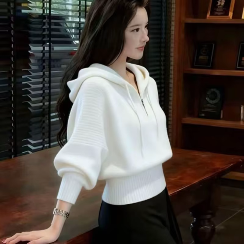 Pull à capuche court gris pour femme