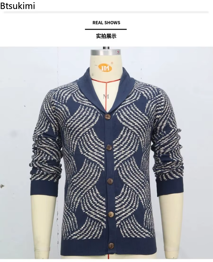 Pulls en tricot jacquard rétro pour hommes, printemps-automne, coupe ample, décontractés, avec boutons, cardigan en tricot, hauts pour hommes, pulls de soirée pour hommes