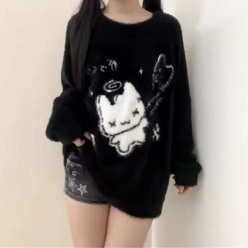 Ezgaga femme pull doux dessin animé Style Preppy automne hiver col rond ample mode vêtements d'extérieur