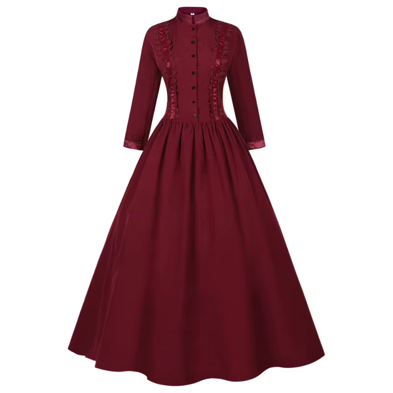 Robe longue victorienne médiévale à col montant pour femme, robe de soirée gothique rétro en dentelle, coupe sablier, pour cosplay et événements formels
