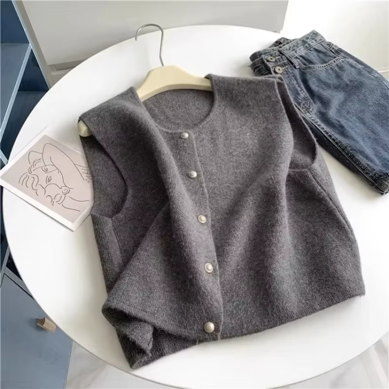 Gilet Vintage à Col Rond pour Femme