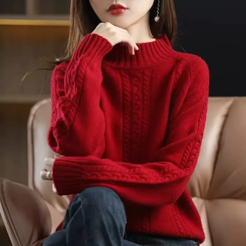Pull à col mi-haut pour femme en laine et acrylique avec broderie ample et décontracté pour automne hiver occasions spéciales