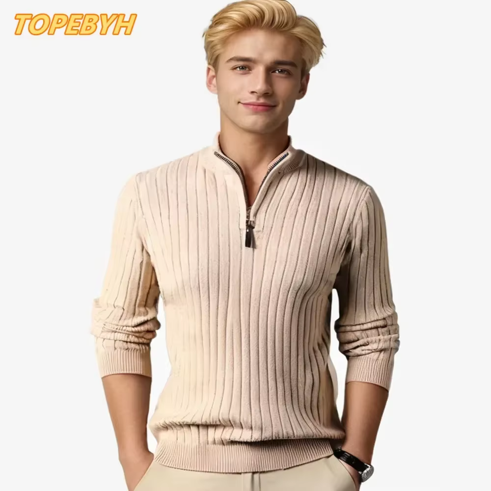 Pull pour hommes hiver quart de fermeture éclair pull coupe ajustée décontracté tricoté hauts pullover