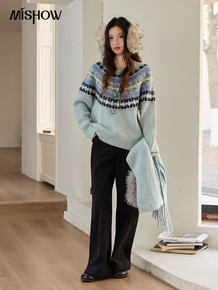 MISHOW femmes bleu Fair Isle pull 2025 hiver géométrique Jacquard ample rétro laine mélange tricot pulls MXE87Z2767