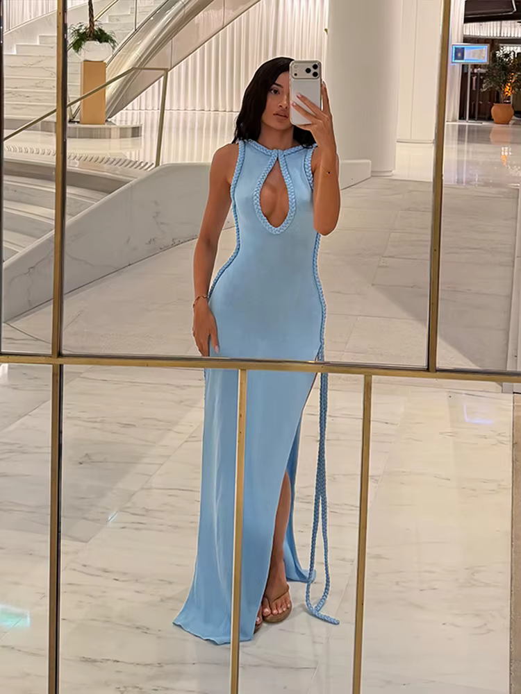 Robe longue de soirée pour femme, col licou, tricotée, avec bordure tressée, découpes et fente haute, couleur unie, nouvelle mode 2026