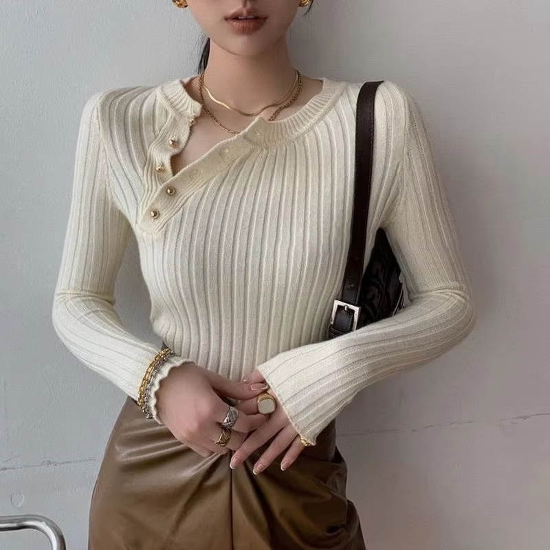 Pull vintage revisité pour femmes, chandail mince en coton acétate polyester, style bureau dame, automne hiver, longueur ample, détails bouton, couleurs variées, pour les occasions spéciales