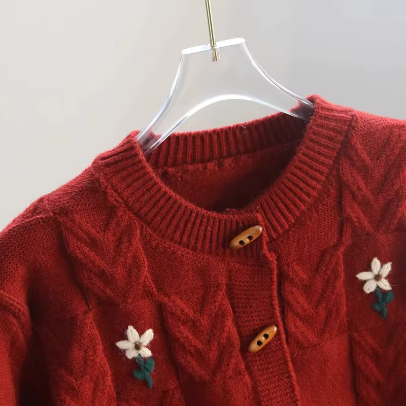 Veste pull torsadée brodée rétro pour femmes