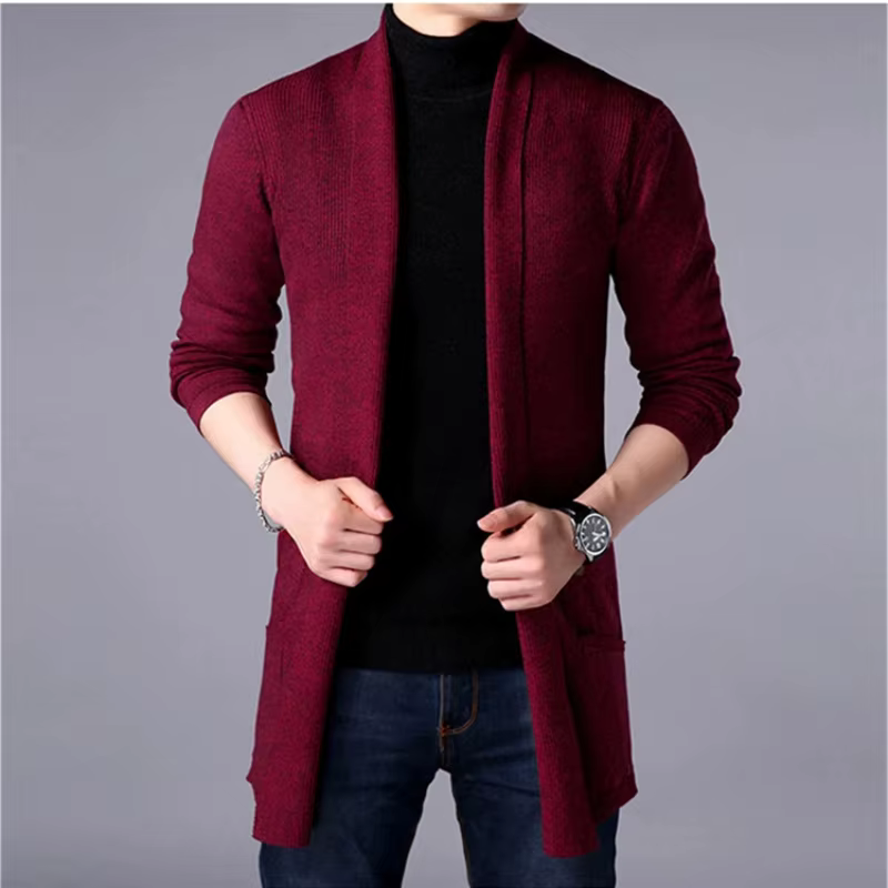 Cardigan long en tricot pour homme 2026, veste décontractée à la mode, poche, cardigan pour homme, pull, hauts pour homme, manteaux