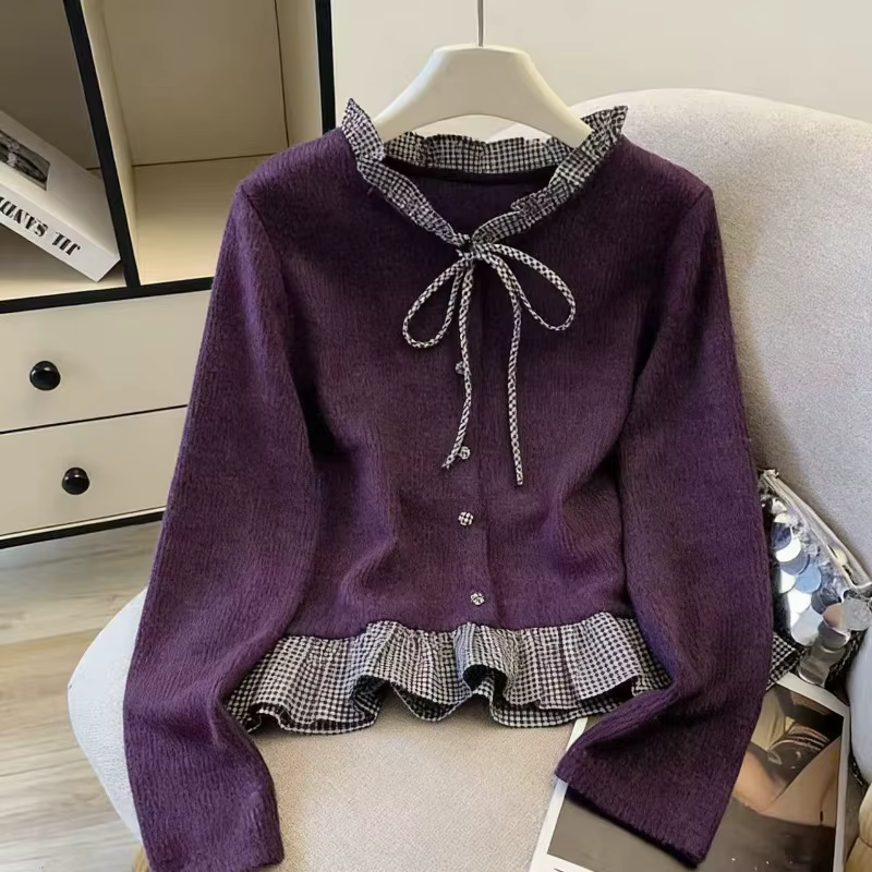 Chemisier décontracté pour femme à col à volants et motif écossais, en maille, à manches longues, avec empiècements, coupe ajustée, pour l'automne et l'hiver