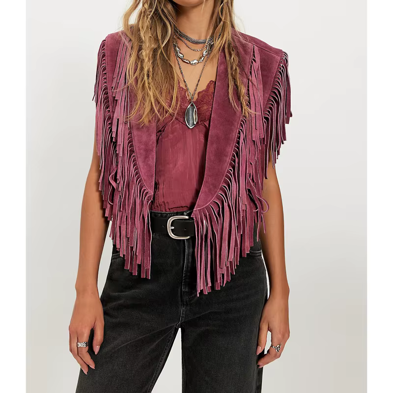 Gilet en daim vintage Y2K pour femme, style hippie années 70, sans manches, ouvert sur le devant, avec franges et patchwork, col à franges