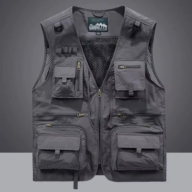 Gilet de travail pour hommes, nouvelle couleur unie, multi-poches, décontracté, ample, manteau de photographie de pêche, veste sans manches, été 2025