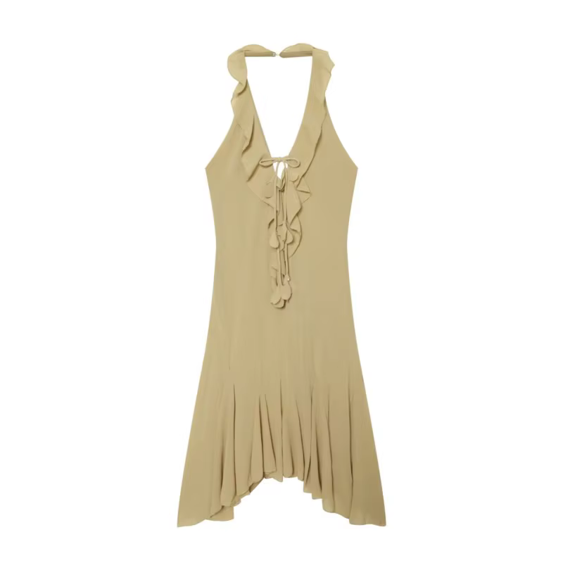 Robe décontractée pour femme à col halter et volants, nouvelle collection été 2026, col en V, ourlet évasé asymétrique, idéale pour la plage, les vacances et le quotidien