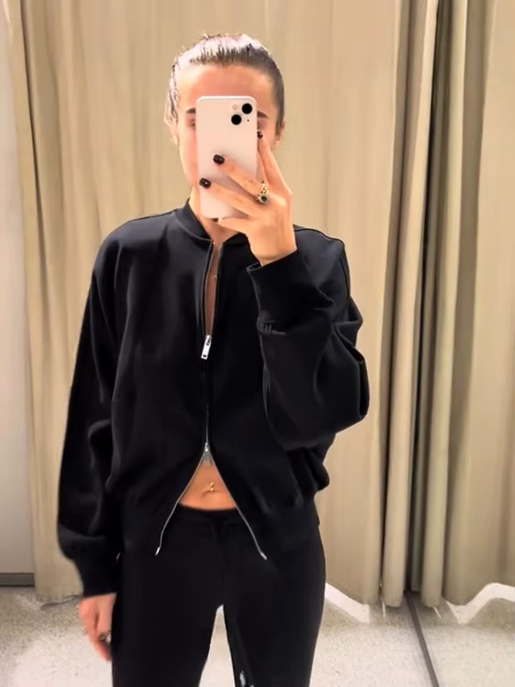 Mode femmes solide fermeture éclair col veste revers cou manches longues recadrée Style manteau 2025 automne femme décontracté Sport porter