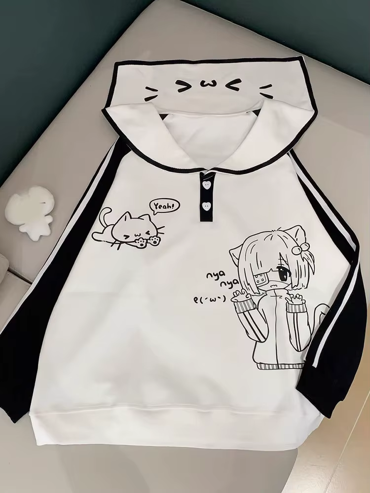 Sweat-shirts à col marin mignons pour femmes, à manches longues, style dessin animé Kawaii, pull-over tendance, coupe ample, style preppy doux, hauts rayés pour l'automne