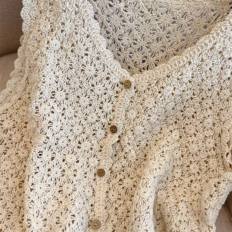 Vintage Boho Style Beige Crochet dentelle gilet femme sans manches tricot débardeur printemps été court couvrir élégant