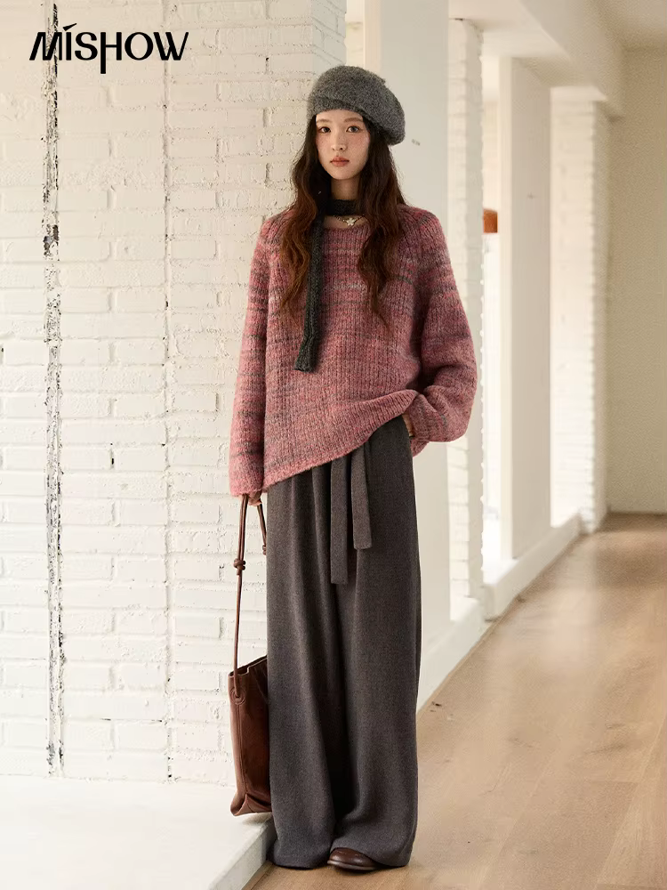MISHOW femmes bleu pull 2025 hiver mode ample col rond à manches longues