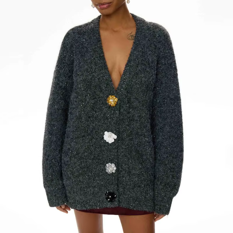 Cardigan à col en v, veste en laine, nouveau design ample, pull avec boucle en métal, printemps et automne