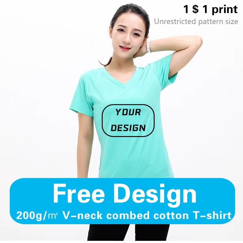 T-shirt en coton peigné à col en v, Logo imprimé personnalisé, texte d'image pour hommes, imprimer leurs propres images, Design gratuit