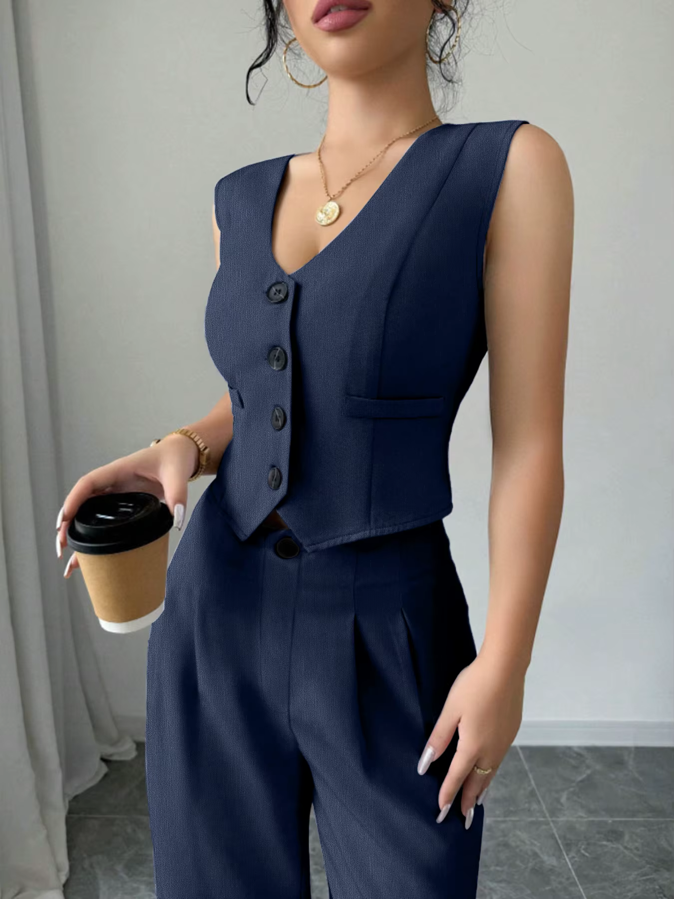 Ensemble tailleur pantalon femme printemps-été bleu marine, gilet sans manches et pantalon large taille haute, élégant pour le bureau ou décontracté, tenue deux pièces