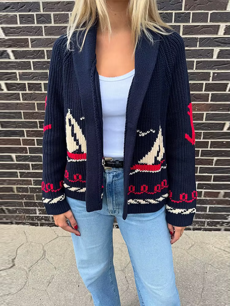 Pull en tricot jacquard à motif voilier pour femme, élégant, à revers, manches longues, avec empiècements, coupe ample, style cardigan, nouvelle collection automne, tricot pour femme