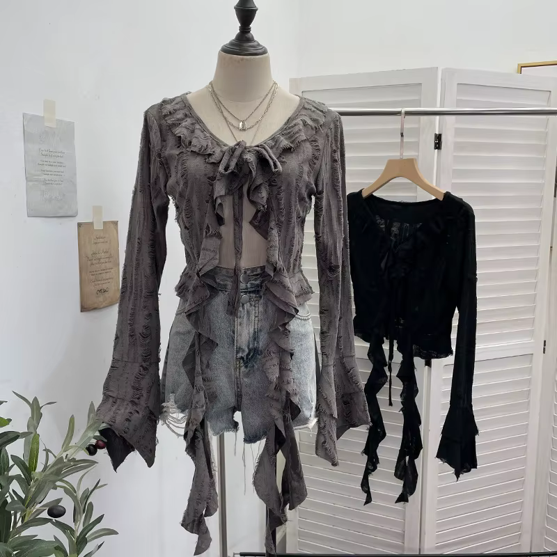 ISAROSE Wasteland Style Cardigan pour femmes Punk printemps automne couleur unie évasé manches longues avant à lacets à volants déchiré hauts