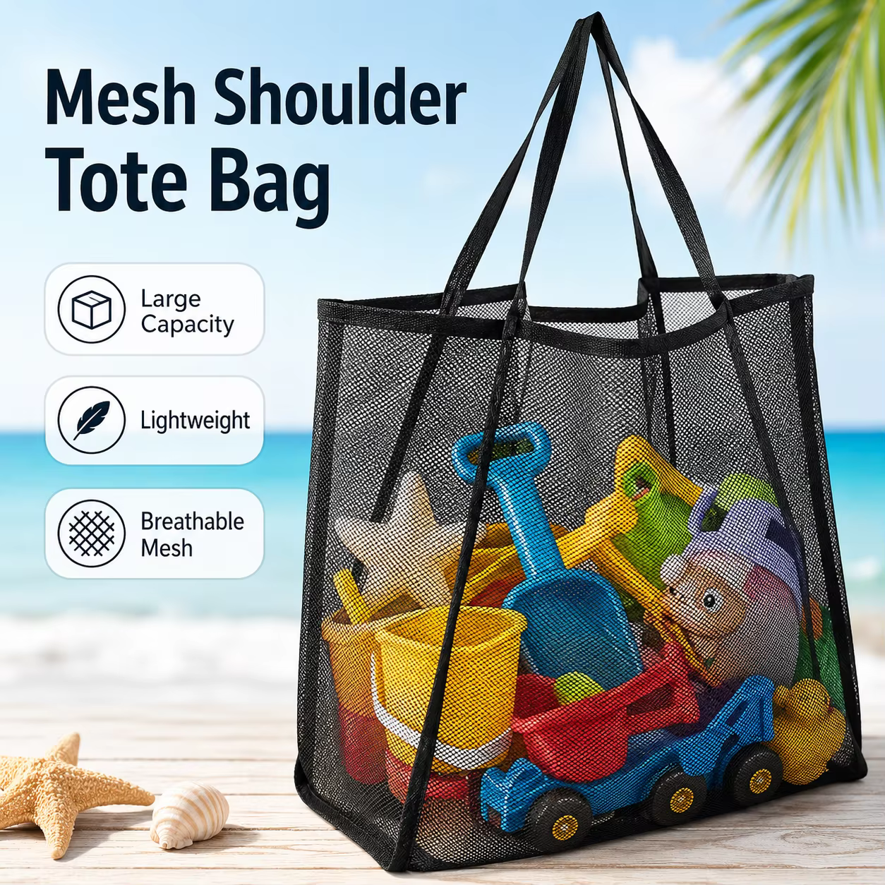Sac fourre-tout en maille grande capacité, pliable, léger, sac de courses en maille, sac de rangement pour jouets de plage, sac à bandoulière en filet, en nylon durable, 30x24x33cm