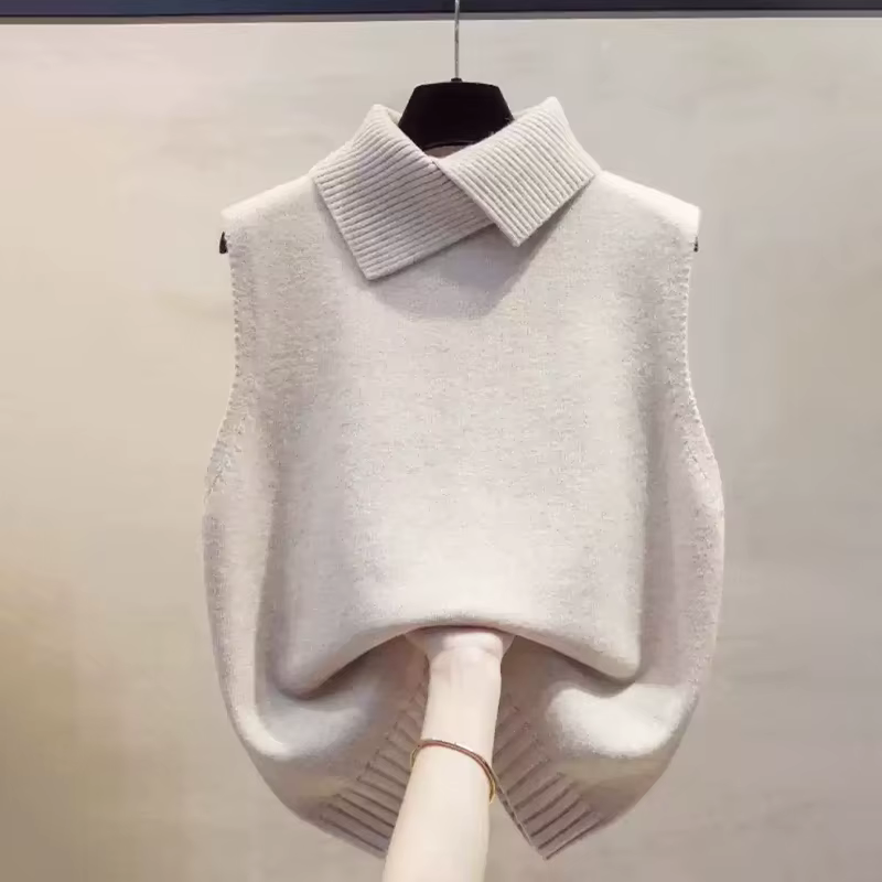 Nouveau gilet en tricot coréen uni à col rabattu sans manches
