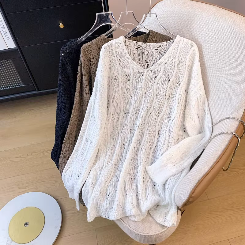 Pull en tricot ample et ajouré pour femme, col rond, manches longues, léger et respirant, style décontracté et moderne, pour les saisons printemps et automne
