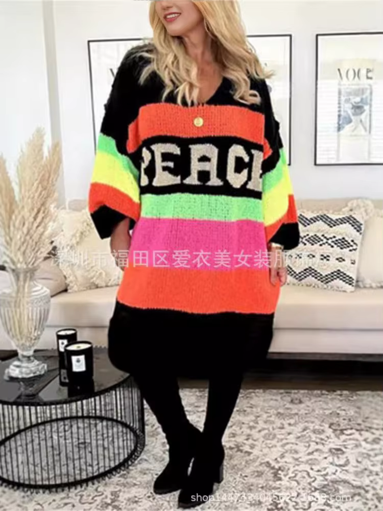 Pull tricoté Extra Long à rayures arc-en-ciel pour femme