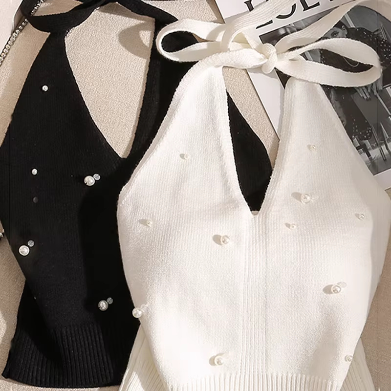 Mode française perlée licou cou cravate noeud dos nu tricoté gilet pour les femmes