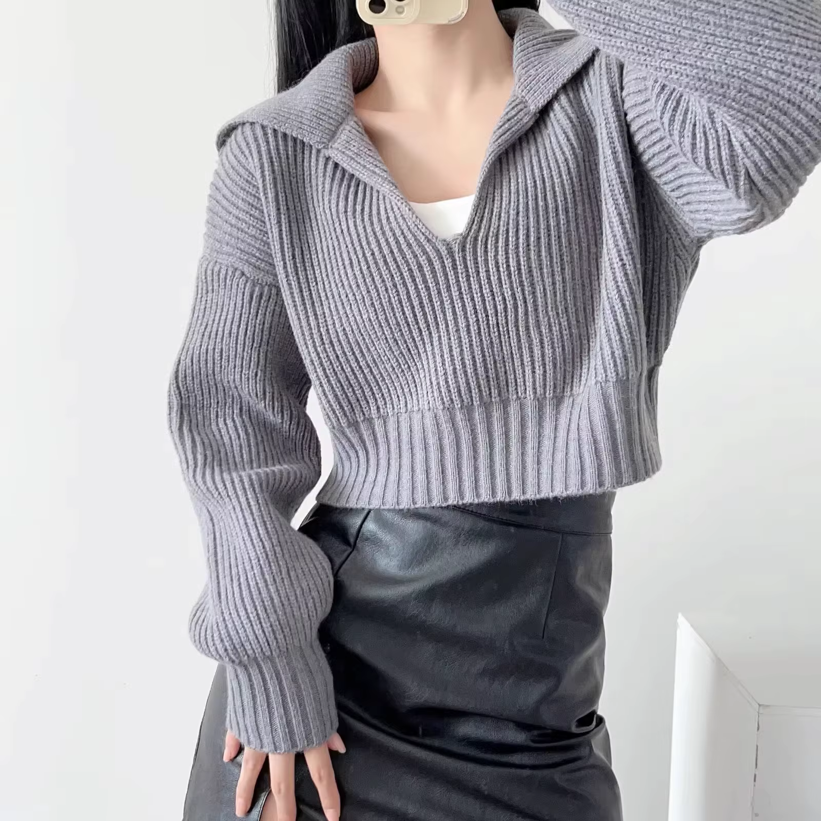 Jielur-Pull à col en V pour femme